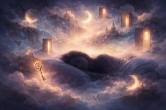 Álomba merülő, nyugtató fényekkel teli szoba, álomképek mozgó fénycsóvái, különös hangulat