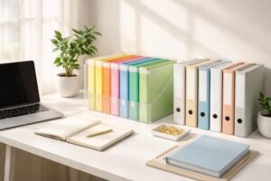 Rendezett irodaasztal, átlátható dokumentumtárolás és összhangban lévő munkaeszközök, praktikák a hatékonysághoz.