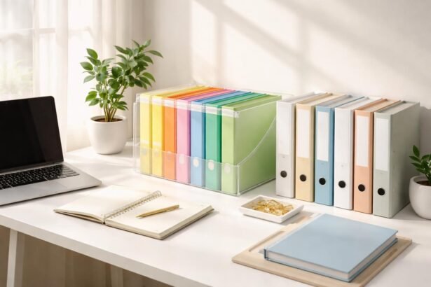 Rendezett irodaasztal, átlátható dokumentumtárolás és összhangban lévő munkaeszközök, praktikák a hatékonysághoz.