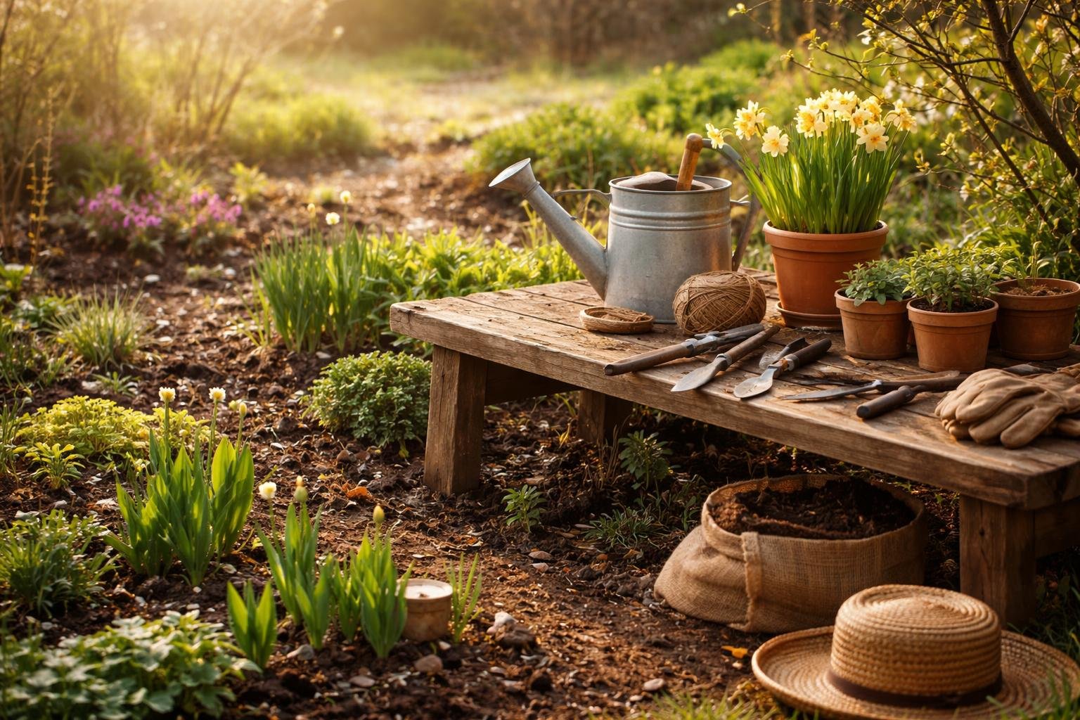Kert feléledő talaj, rügyek duzzadnak, szerszámok előkerülnek tavasszal, éledező napsütés csillan