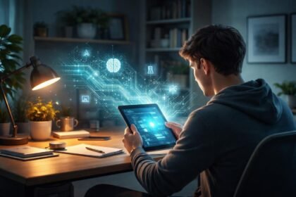 Olvasó összpontosít számítástechnikai témákról szóló könyvet böngészve, jegyzetel és elemzi.