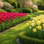 Tavaszi kertben virágzó tulipánok és nárciszok harmonikus párosítása a napfényben.