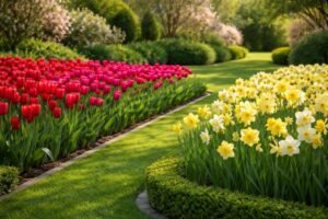 Tavaszi kertben virágzó tulipánok és nárciszok harmonikus párosítása a napfényben.