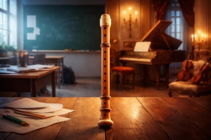 Kettős életet sugárzó furulya-képen: iskola-furulya és igazi barokk hangszer látható.