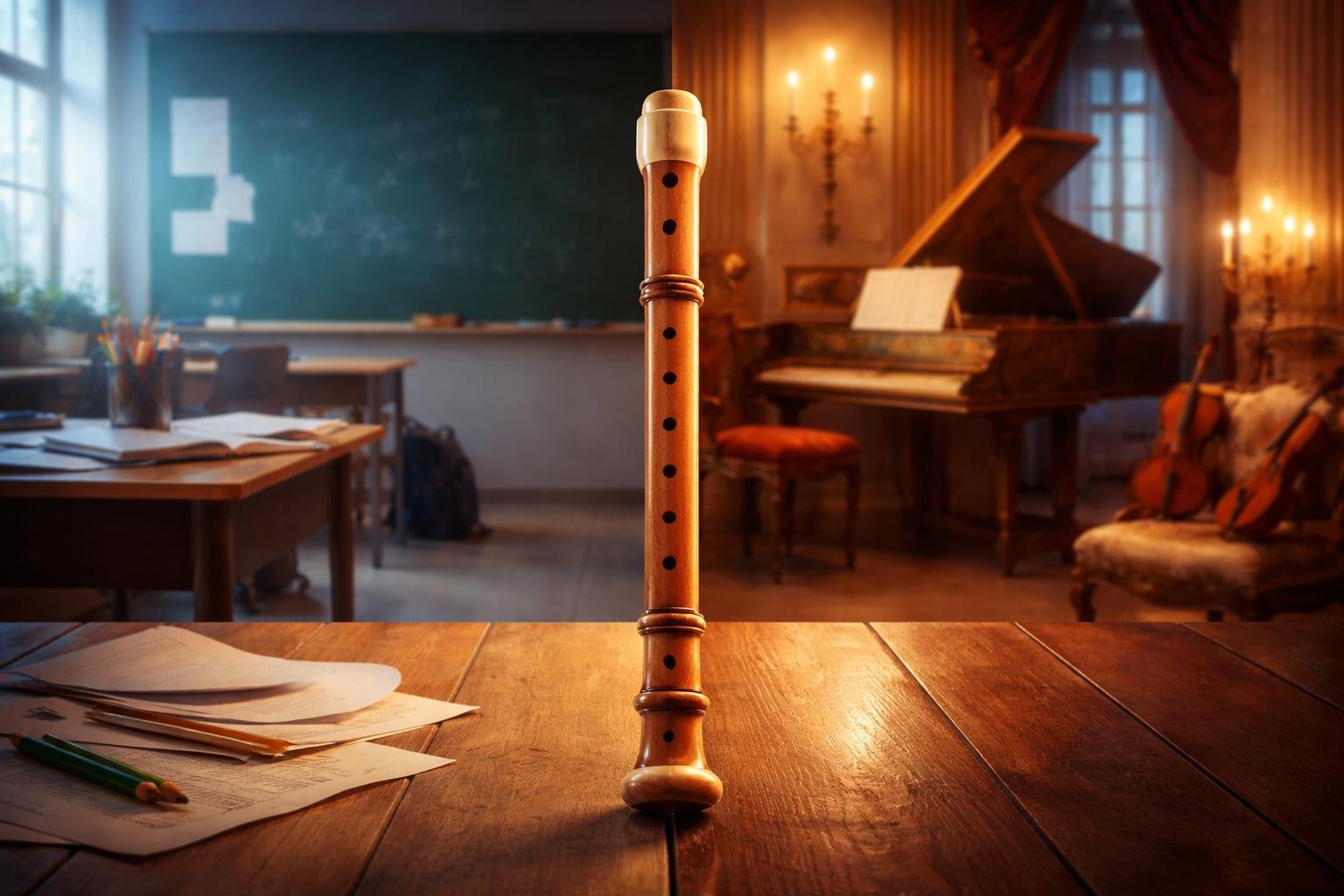 Kettős életet sugárzó furulya-képen: iskola-furulya és igazi barokk hangszer látható.