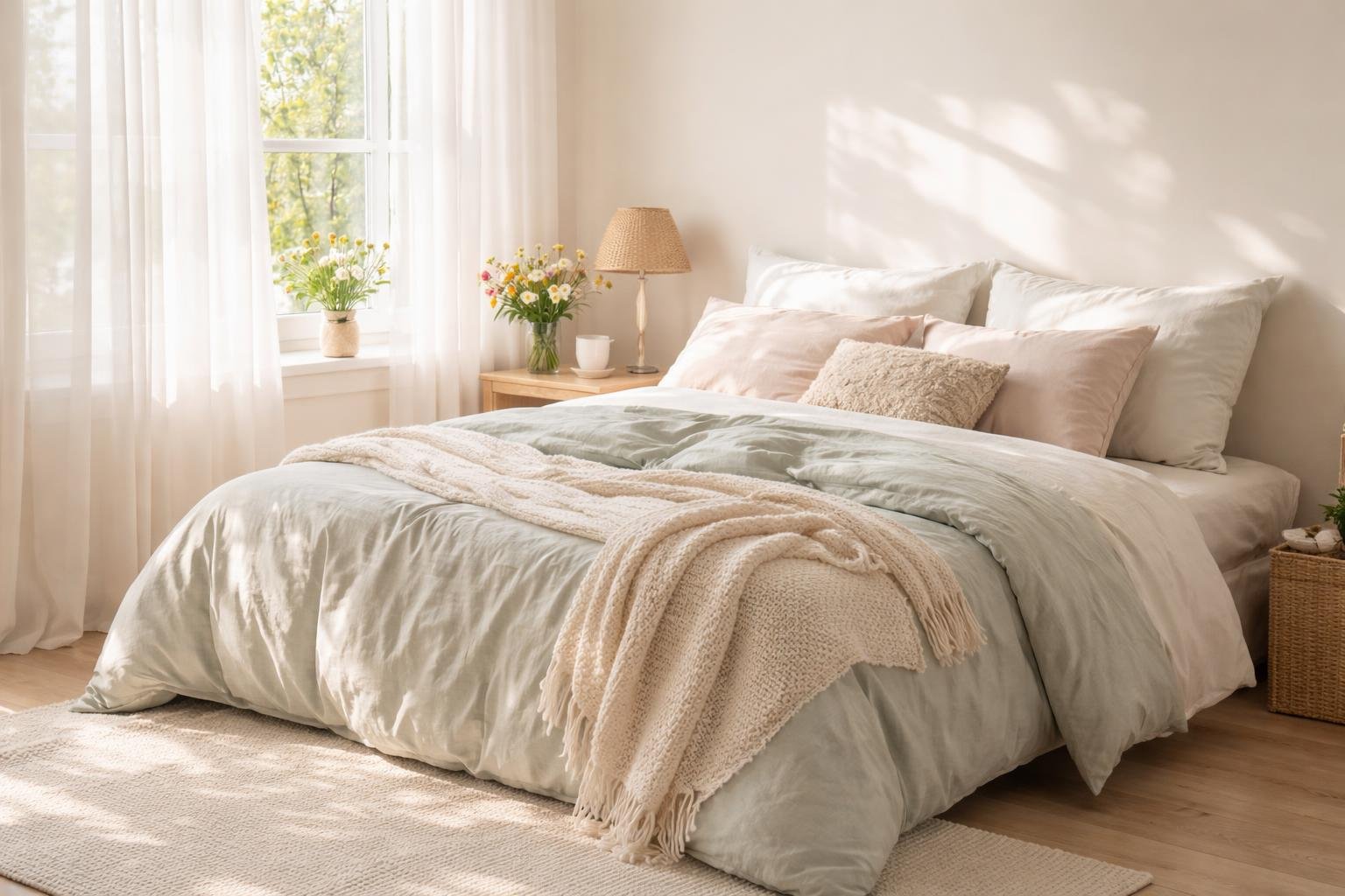 Friss tavaszi ágyneműk és könnyű textília a hálószoba felpezsdítésére, fényes színekben.