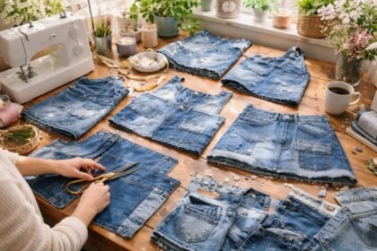 Tavaszi upcycling ötlet denim farmernadrágon, varrás és olló a kezben.