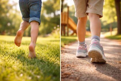 Gyerek lábán látható a mezítlábas cipő és a szupinált modell közti választás.