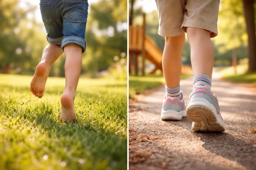 Gyerek lábán látható a mezítlábas cipő és a szupinált modell közti választás.