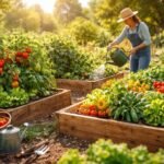 Nyári kertben sorban ültetett zöldségek, friss termések és színes lombok látszanak.