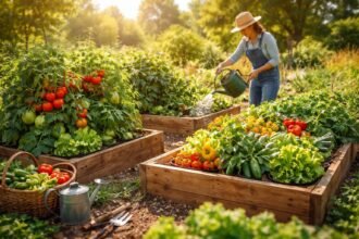 Nyári kertben sorban ültetett zöldségek, friss termések és színes lombok látszanak.