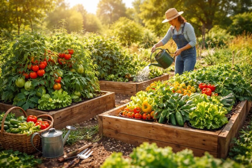 Nyári kertben sorban ültetett zöldségek, friss termések és színes lombok látszanak.