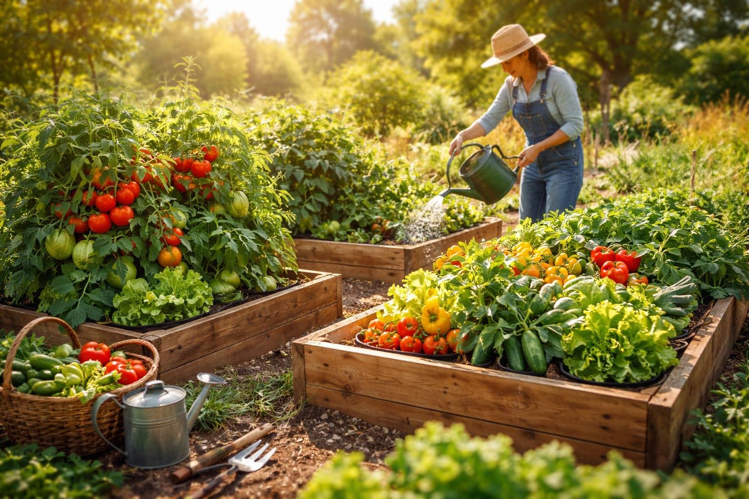 Nyári kertben sorban ültetett zöldségek, friss termések és színes lombok látszanak.