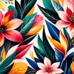 Tavaszi ruhakollekció grafikus, merész növényi motívumokkal és virágos részletekkel, feltűnő színekkel.