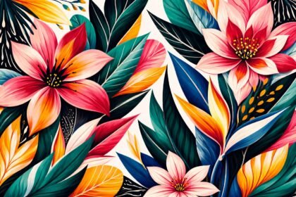 Tavaszi ruhakollekció grafikus, merész növényi motívumokkal és virágos részletekkel, feltűnő színekkel.