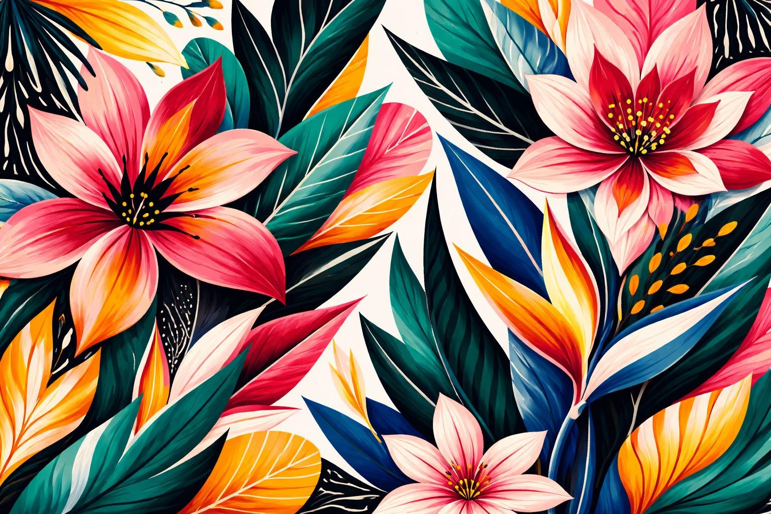 Tavaszi ruhakollekció grafikus, merész növényi motívumokkal és virágos részletekkel, feltűnő színekkel.