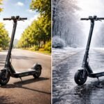 Téli elektromos roller a jeges úton és csökkentett teljesítménnyel a vezetés biztonságáért.