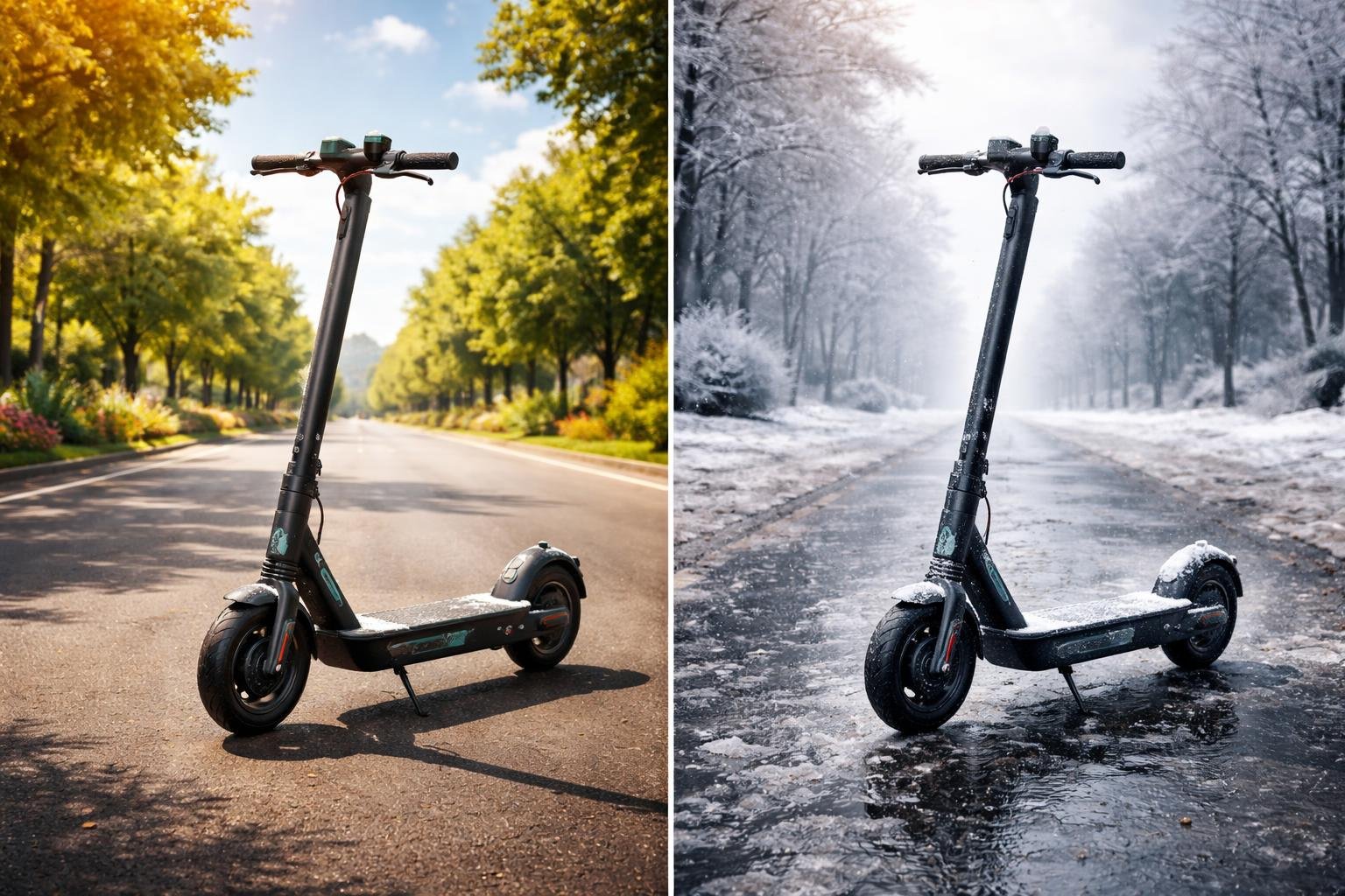 Téli elektromos roller a jeges úton és csökkentett teljesítménnyel a vezetés biztonságáért.